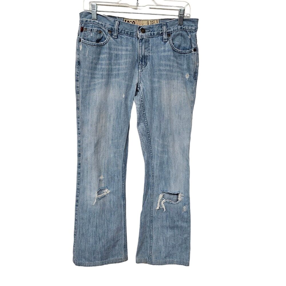 Vtg 90s Y2K Hollister Low Flared Button Distress Jeans Women Jrs 7Rx29
